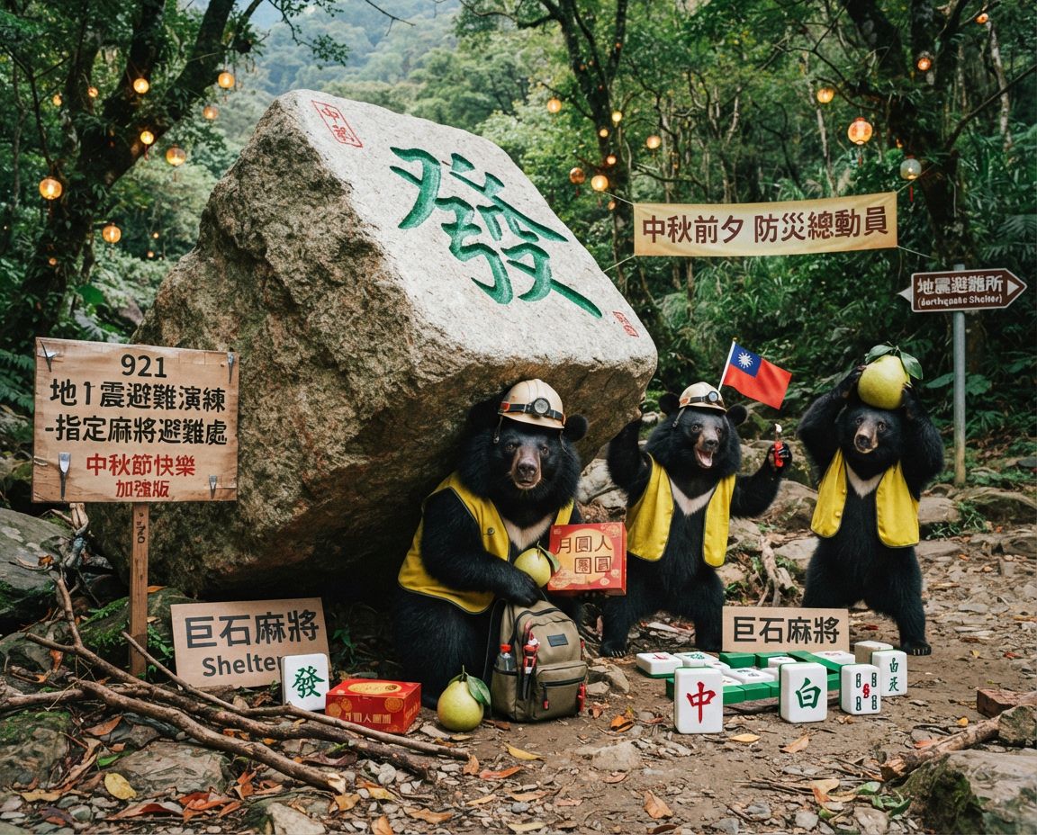 中秋節前夕台灣黑熊地震防災演練打麻將,台灣黑熊麻將激戰自摸發財,麻將戰局自摸九條,台灣黑熊緊急避難演練,台灣熊愛打麻將,台灣黑熊打麻將,碰牌胡牌大三元,中秋節前夕深夜大亂鬥,聽牌摸牌洗牌打麻將,台灣黑熊中秋熊掌碰碰胡
